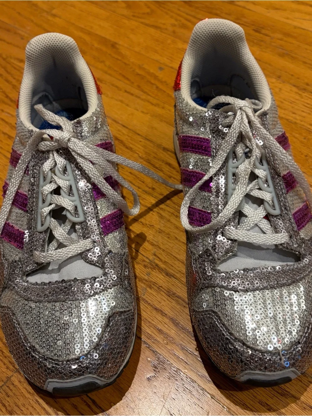 Adidas Women’s Sz 7 Silver Sequin Sneakers with Purple Stripes and Red Heel
